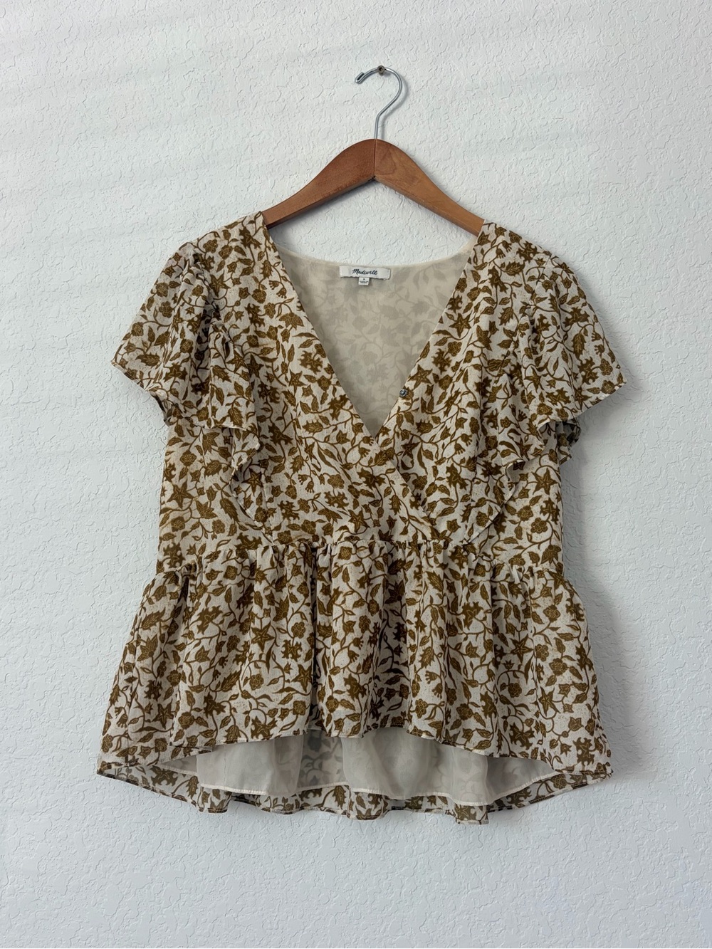 Madewell Floral V-Neck Ruffle Peplum Top - Beige & Olive